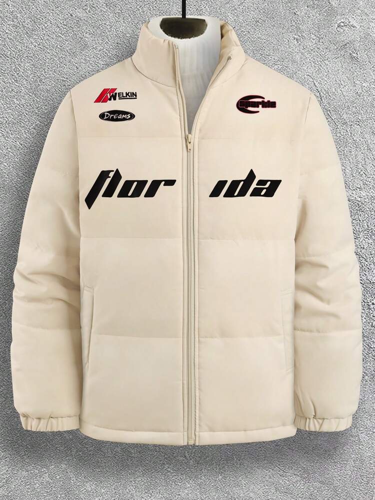 Men Letter Graphic Zip Up Padded Coat Without Sweater