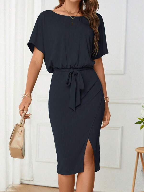 SHEIN Clasi Solid Batwing Sleeve Split Thigh Belted Dress