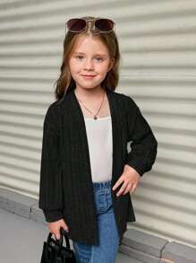 SHEIN 女小童落肩袖開門襟外套 - 黑色 - 查看 1