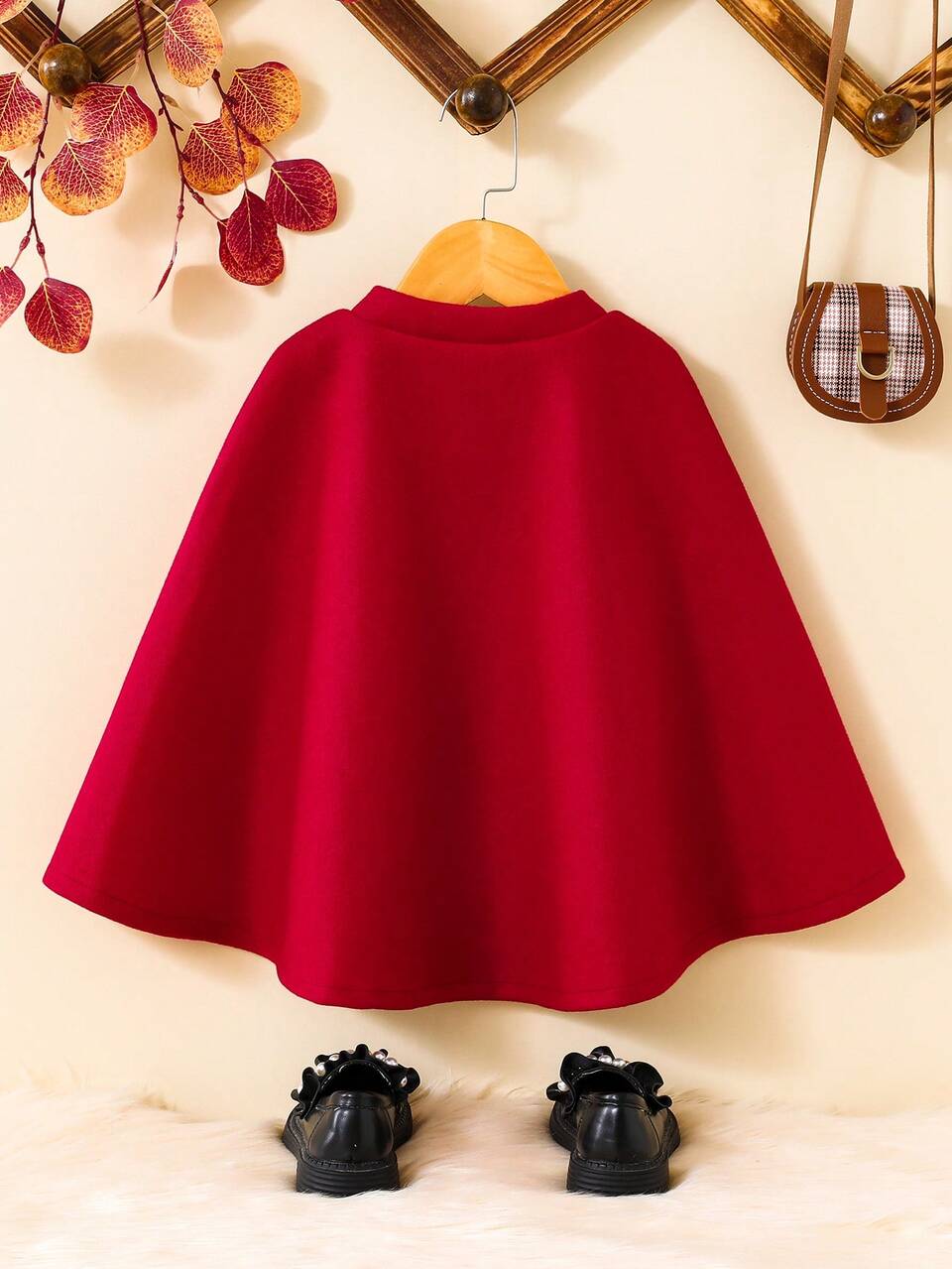 Young Girl Contrast Trim Cloak Sleeve Double Breasted Cape Overcoat for Christmas