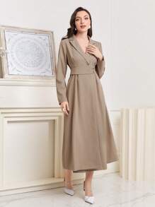Seusyu Solid Lapel Neck Dress - Khaki - View 1