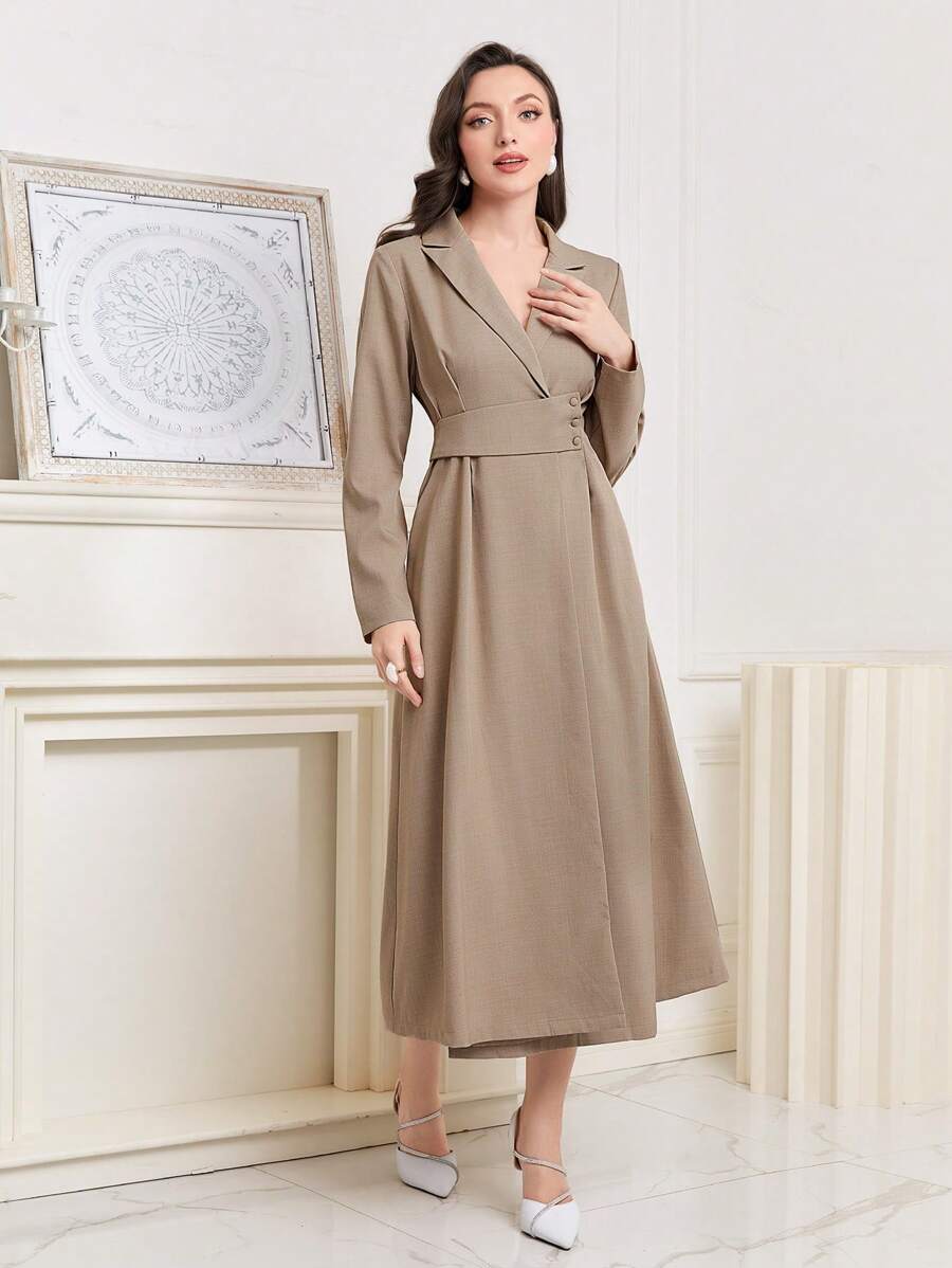 Seusyu Solid Lapel Neck Dress - Khaki - View 1
