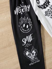 SHEIN Tween Boy Cartoon & Letter Graphic Two Tone Sweatpants - Black and White - View 3