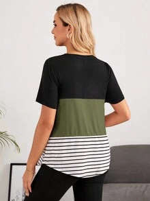 SHEIN 孕婦條紋印花撞色補丁貼口袋哺乳細節T恤 - 軍綠色 - 查看 2