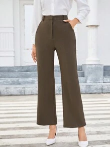SHEIN Privé Solid Slant Pocket Flare Leg Suit Pants - Khaki - View 5