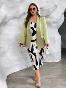 SHEIN Privé Plus Shawl Collar Open Front Satin Blazer - Blue - View 5