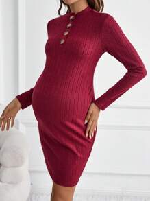 SHEIN 孕婦四分之一按鈕緊身洋裝 - 酒紅色 - 查看 6