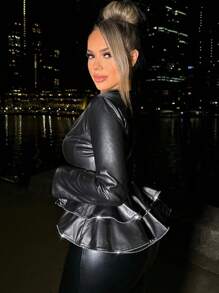 SHEIN SXY 交疊領PU皮革夾克 - 黑色 - 查看 3