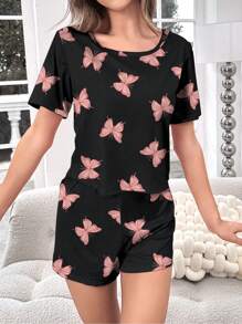 Butterfly Print Tee & Shorts PJ Set / Pajama Set - Black - View 5