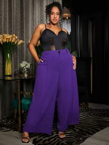 SHEIN CURVE+ 大碼前接縫闊腿西裝褲 - 黑色 - 查看 3