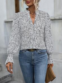 SHEIN Frenchy In ấn tay áo lá sen Áo sơ mi - trắng - Xem 6