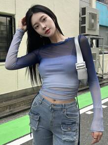 DAZY Ombre Ruched Mesh Top Without Tube Top Going Out Tops Festival Sheer Long Sleeve Women Tops Crop Women Tops - Blue - View 6