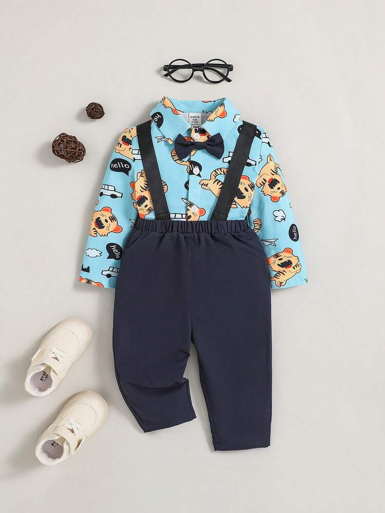 Baby Boy Cartoon Graphic Bow Front Shirt & Suspender Pants