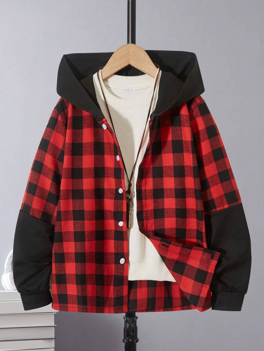 SHEIN 男大童1入組格紋印花連帽襯衫適用於聖誕 - 紅色 - 查看 1