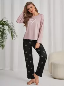 Conjunto de pijama con estampado de corazón (Camiseta y Pantalones), Ropa de otoño e invierno - Multicolor - Ver 5