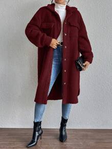 Chiquease Drop Shoulder Flap Detail Teddy Coat - Burgundy - View 3