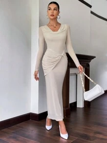 Firerie 垂領前扭結高衩洋裝 - 杏色 - 查看 3