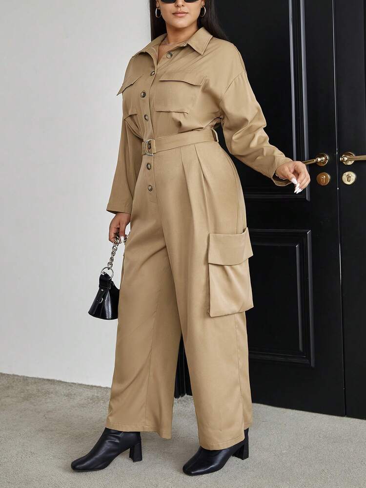 Plus Drop Shoulder Flap Pocket Belted Shirt Jumpsuit
