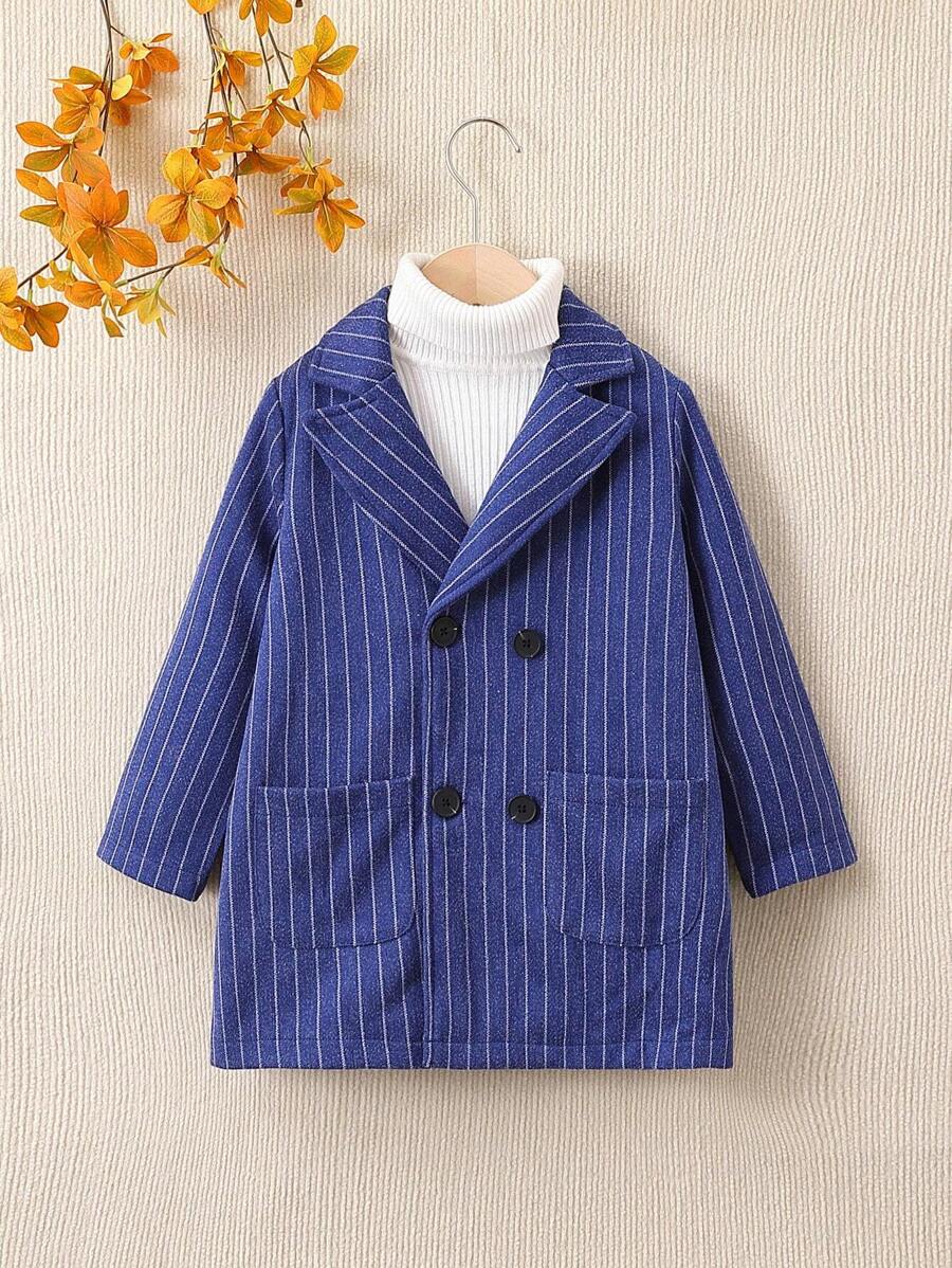 SHEIN Young Boy 1pc Vertical Striped Dual Pocket Double Breasted Overcoat - Blue and White - View 1