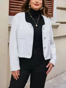 SHEIN Privé Hơn Túi Kép Nút phía trước Áo khoác - trắng - Xem 5