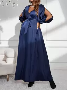 SHEIN 孕婦交疊領燈籠袖高衩繫腰帶洋裝