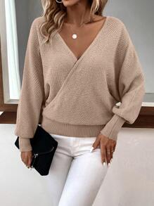 SHEIN Clasi 後鏤空蝙蝠袖圍裹套頭毛衣 - 卡其色 - 查看 4