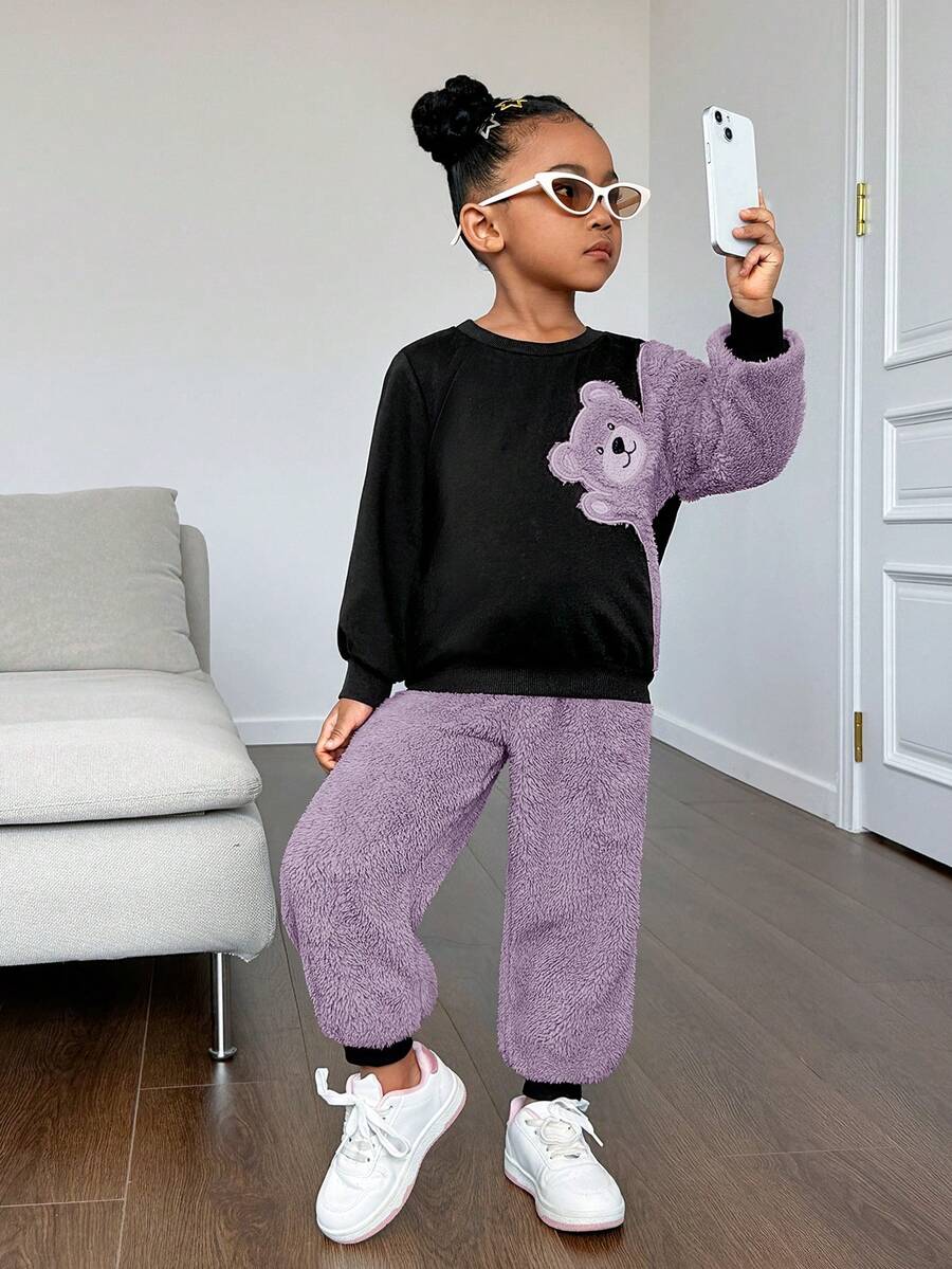 SHEIN Bộ đồ nỉ nỉ thời trang NovaGlow Young Girl Young Girl, dày dặn - Màu tím - Xem 1