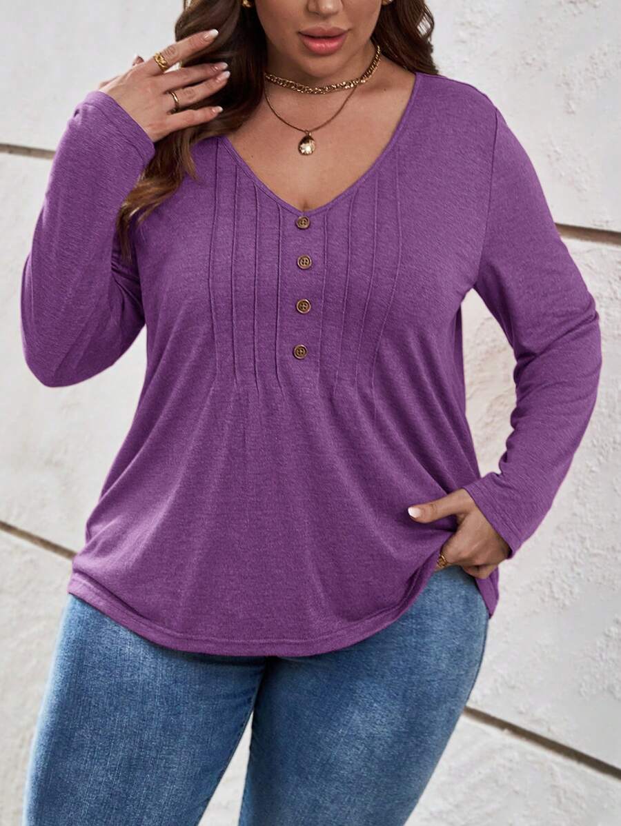 SHEIN LUNE Plus Size Women's Solid Color Button Design V-Neck Long Sleeve Casual T-Shirt - Purple - View 1