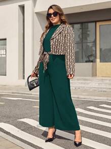 SHEIN Privé Plus Letter Graphic Jacket & Belted Wide Leg Jumpsuit