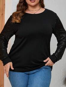 Talla grande Camiseta con lentejuela en contraste - Negro - Ver 6