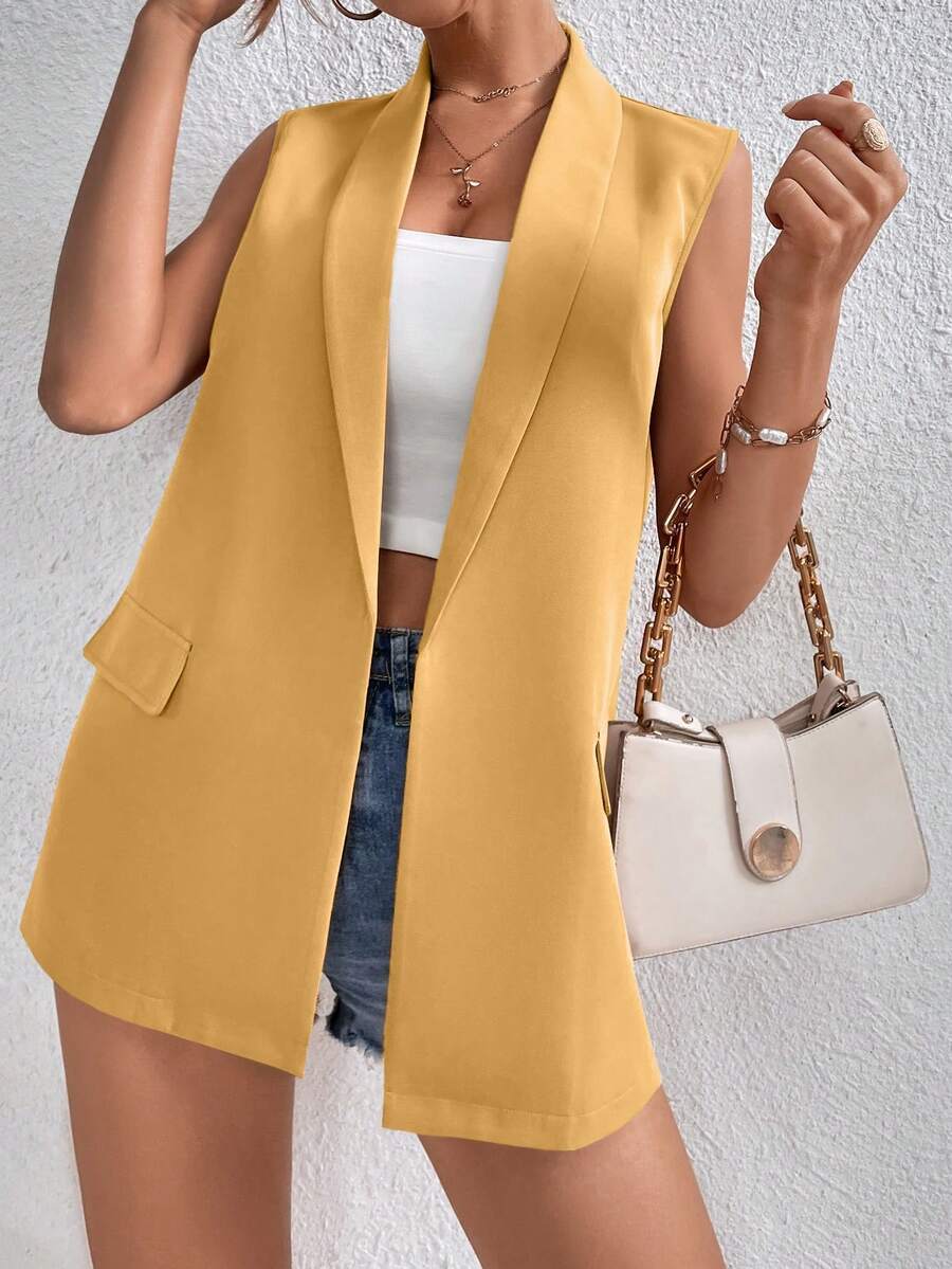 SHEIN Privé 素色青果領馬甲西裝外套 - 芥末黃 - 查看 1