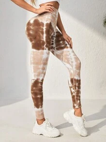 SHEIN Yoga Trendy Nhuộm buộc Thắt lưng băng rộng Quần Xà cạp thể thao - màu nâu - Xem 3