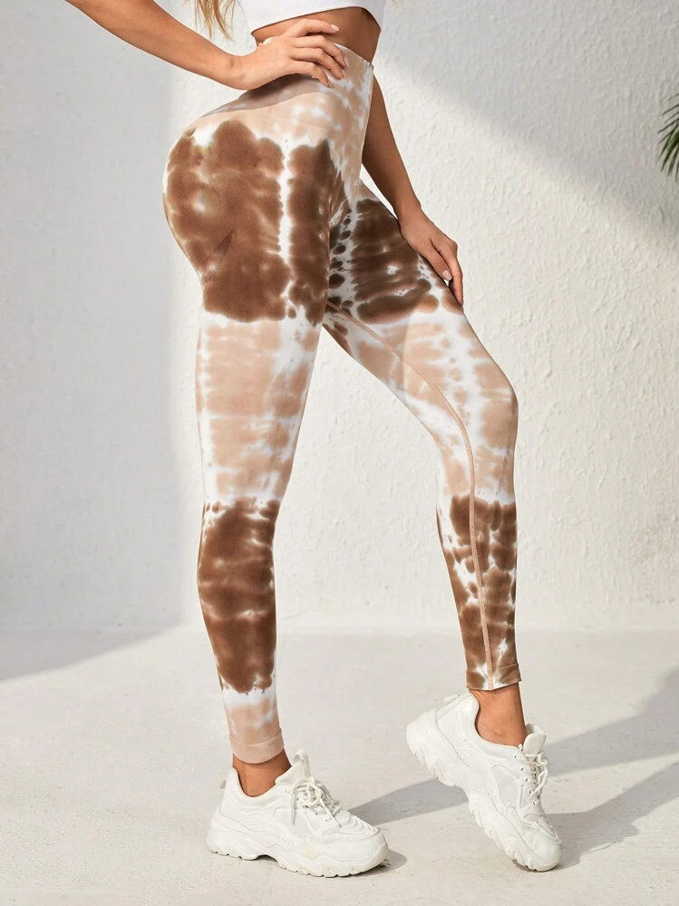 SHEIN Yoga Trendy 紮染寬腰帶運動打底褲 - 棕色 - 查看 3