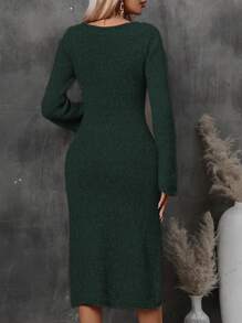 SHEIN Clasi Solid Flare Sleeve Sweater Dress - Green - View 2