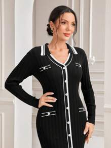 Modelyn Contrast Trim Button Front Bodycon Sweater Dress - Black and White - View 5