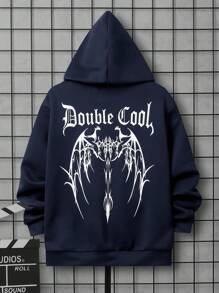 SHEIN 青少年男孩翅膀字母图案袋鼠口袋卫衣 - 藏蓝色 - 查看 1