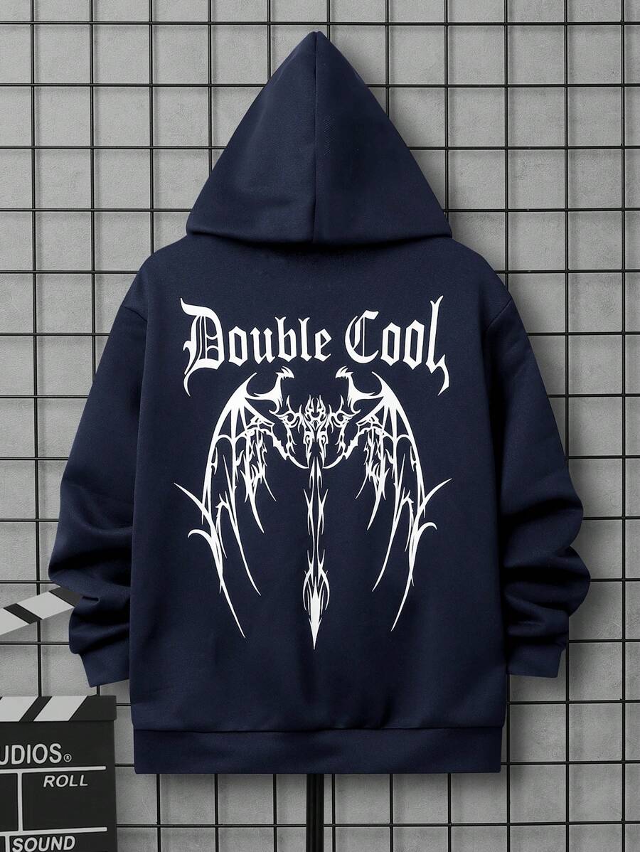 SHEIN 青少年男孩翅膀字母图案袋鼠口袋卫衣 - 藏蓝色 - 查看 1