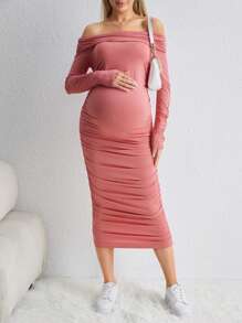 SHEIN Maternidad Vestido ajustado de hombros descubiertos fruncido lateral - Rosa - Ver 3