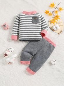 Baby Girl Striped Pattern Pocket Front Sweater & Knit Pants - Multicolor - View 1
