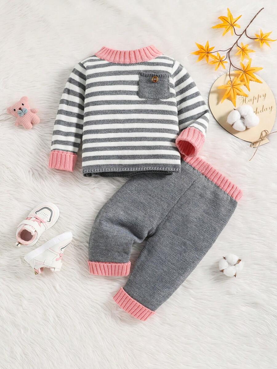 Baby Girl Striped Pattern Pocket Front Sweater & Knit Pants - Multicolor - View 1