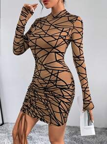 SHEIN Essnce Vestido ajustado con estampado geométrico con cordón delantero - Café - Ver 5
