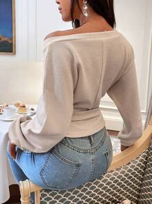 Firerie Surplice Neck Batwing Sleeve Belted Tee - Beige - View 2