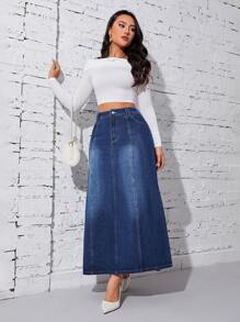 SHEIN Privé Tách đùi Váy Denim - Rửa tối - Xem 3