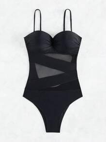 SHEIN Swim Traje De Baño De Una Pieza De Color Sólido - Negro - Ver 6