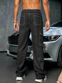 Men Street Top-Stitching Flap Pocket Side Cargo Fall Pants - Black - View 2