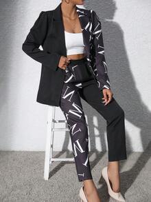 SHEIN Clasi 字母圖案西裝領西裝外套和褲子不附腰帶