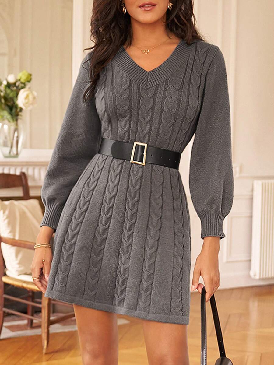 SHEIN Frenchy Xoắn Dan Tay áo lồng đèn Đầm Áo len Không có thắt lưng - Xám - Xem 1