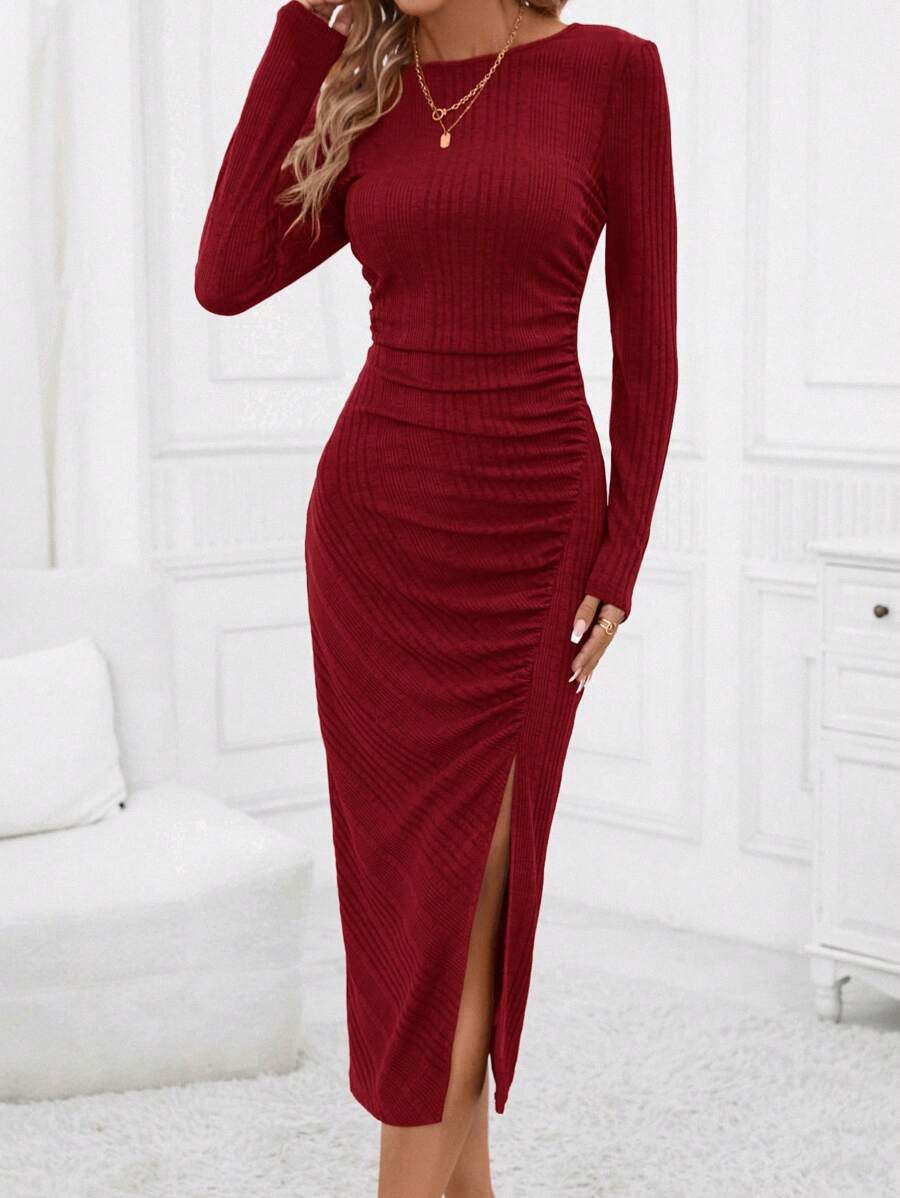 SHEIN Clasi Kleid mit Einfarbig Rüschen, Schlitz, - Bordeaux - Übersicht 1