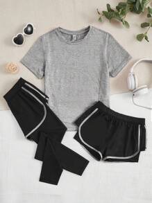 SHEIN Tween Girl Contrast Binding Tee & Shorts & Pants Set - Grey - View 1