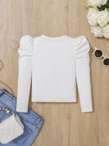 SHEIN Leap Crew 女小童珍珠串珠羊腿袖T恤